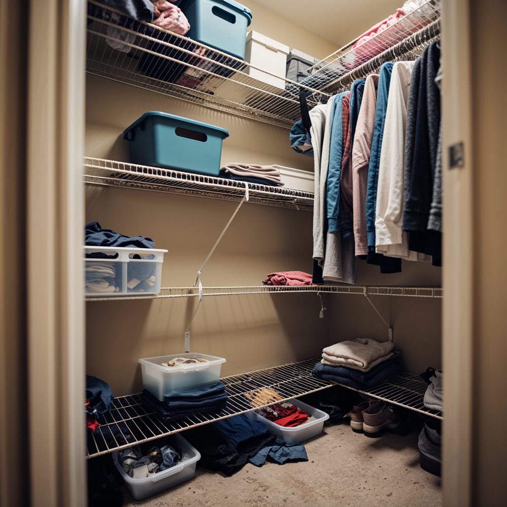 Closet shelving before renovation - basic wire shelves