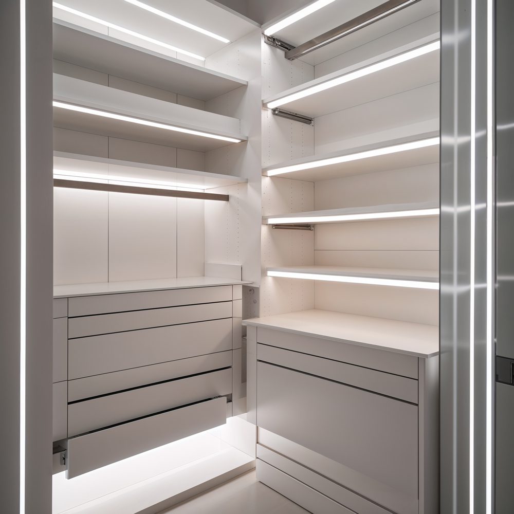 Smart closet features including pull-out drawers and hanging systems