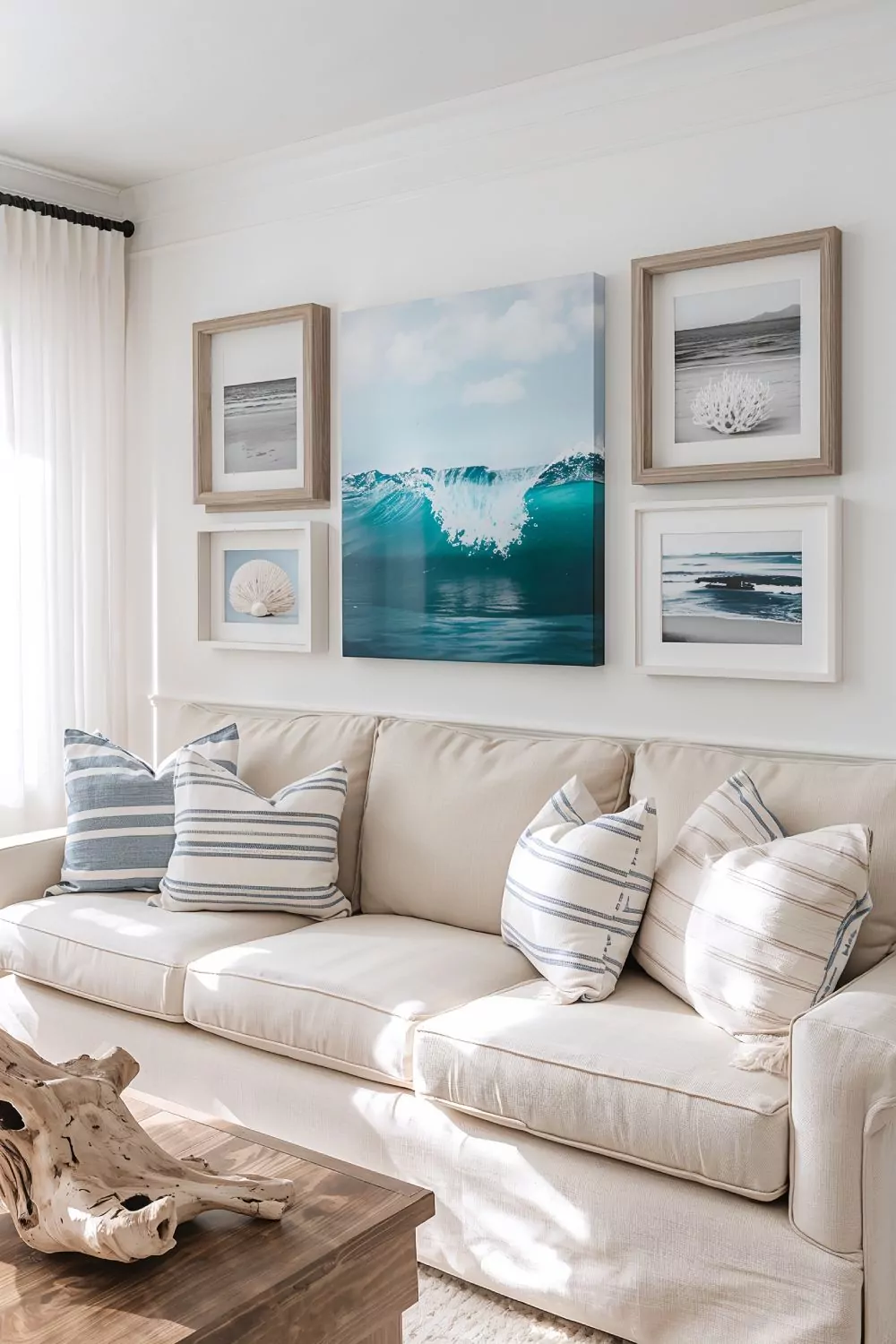 Coastal Gallery Wall Ideas With Ocean Art Above Sofa