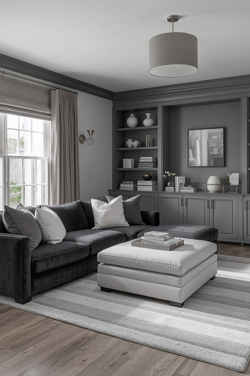 Color Drenched Grey Living Room With Layered Tones