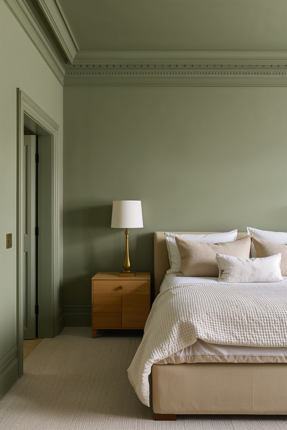 Color Drenched Sage Green Bedroom With Ceiling And Trim