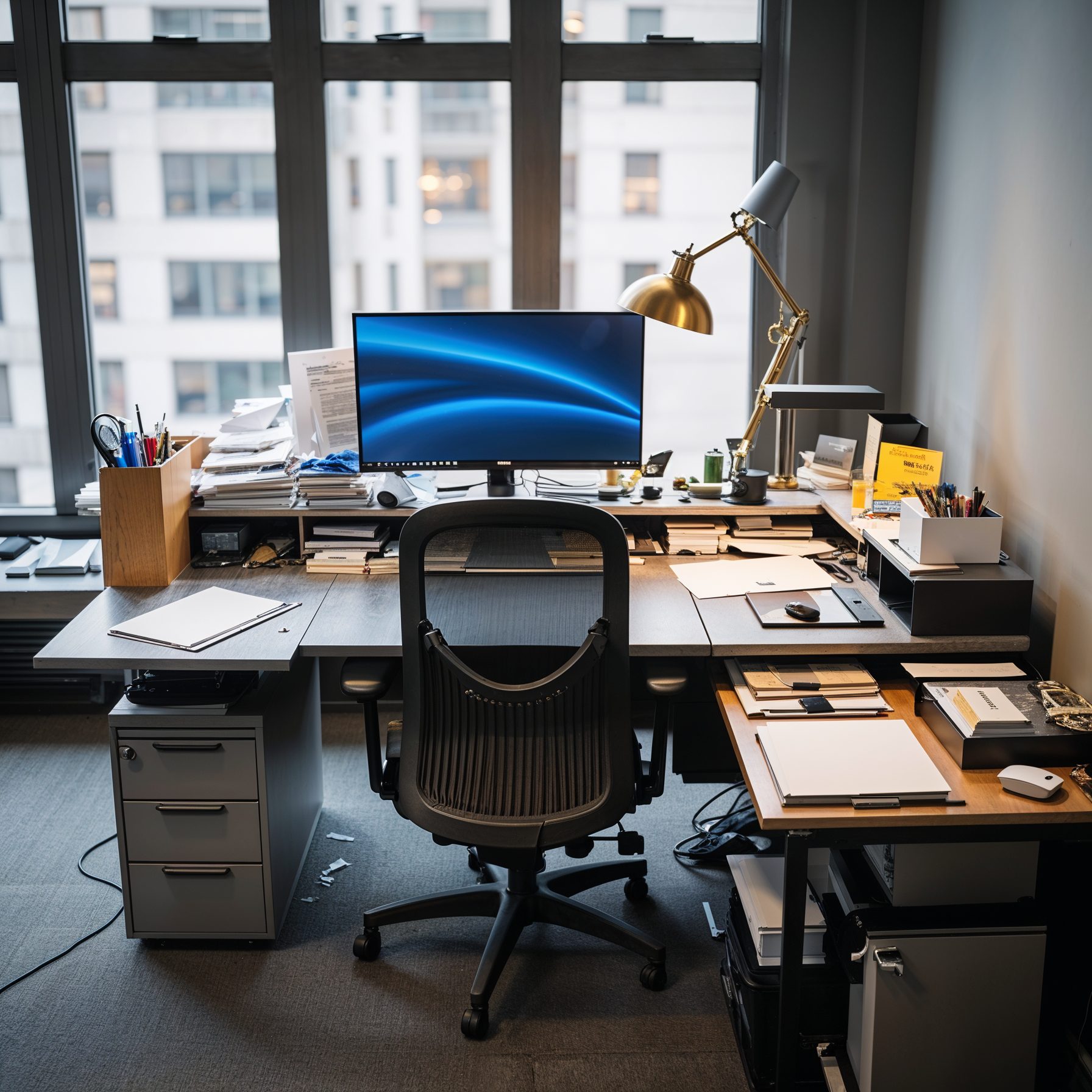 Corporate desk before - outdated furniture and poor organization