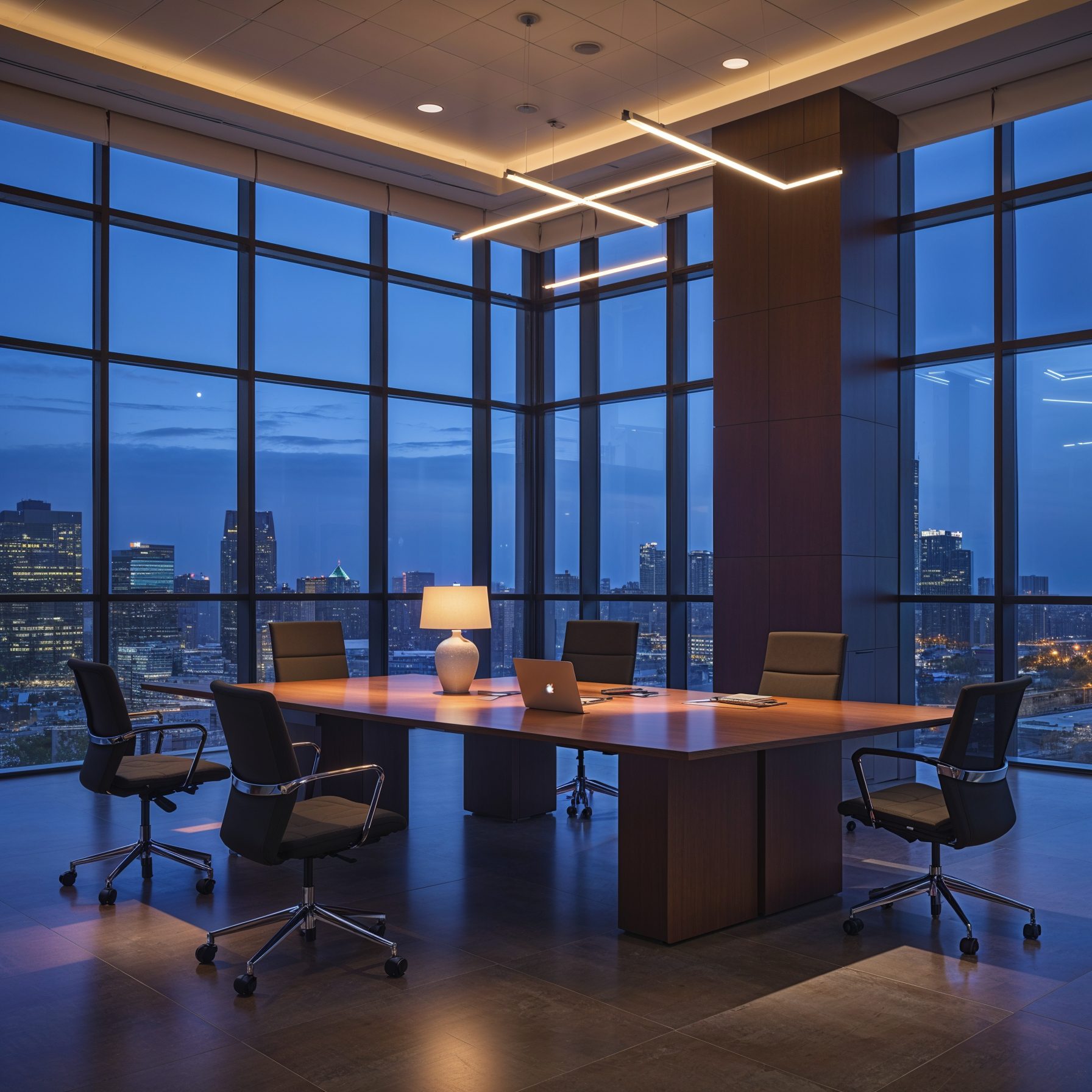 Completed corporate office in evening showing sophisticated lighting and professional atmosphere
