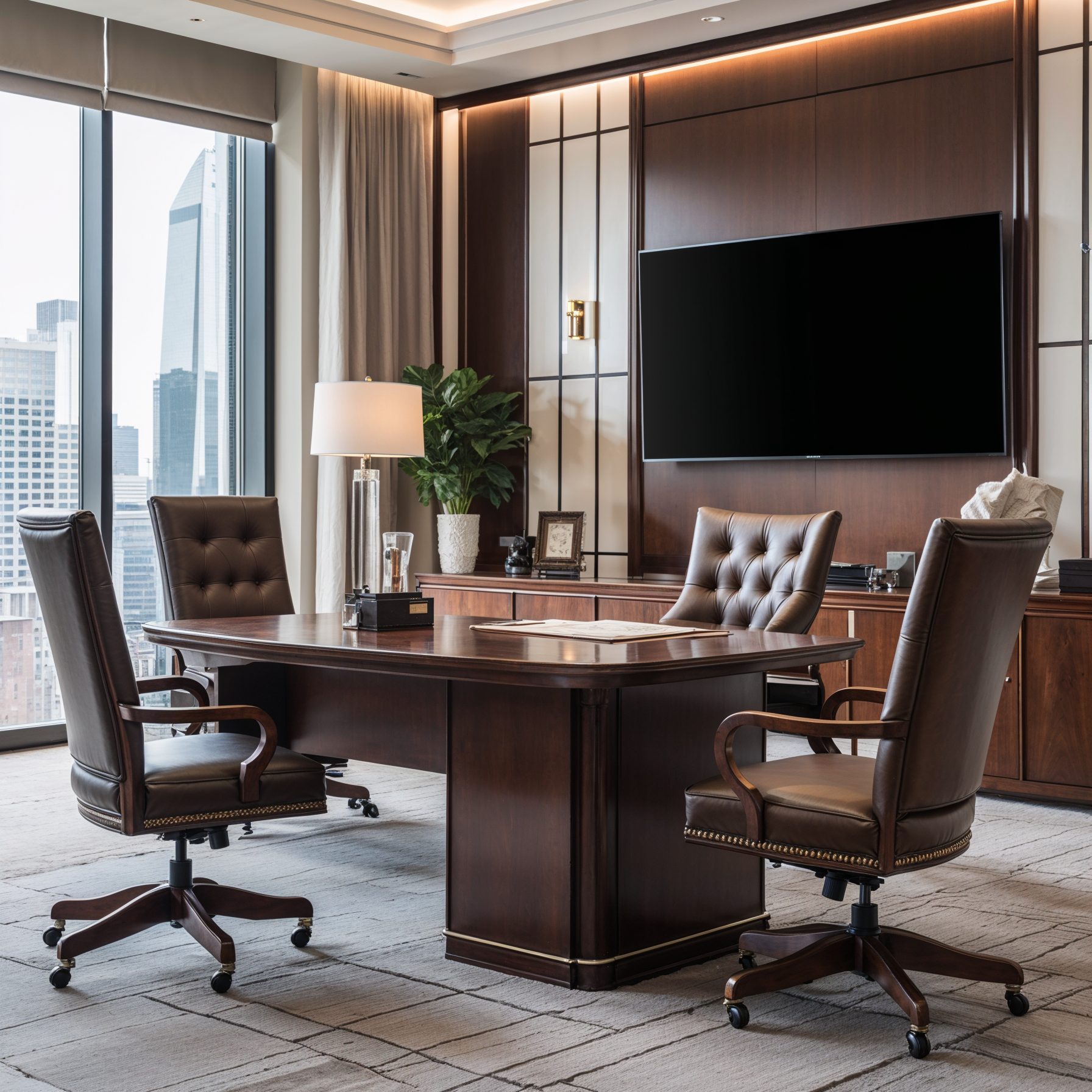 Executive furniture selection showing high-end desk, chairs, and professional office furniture