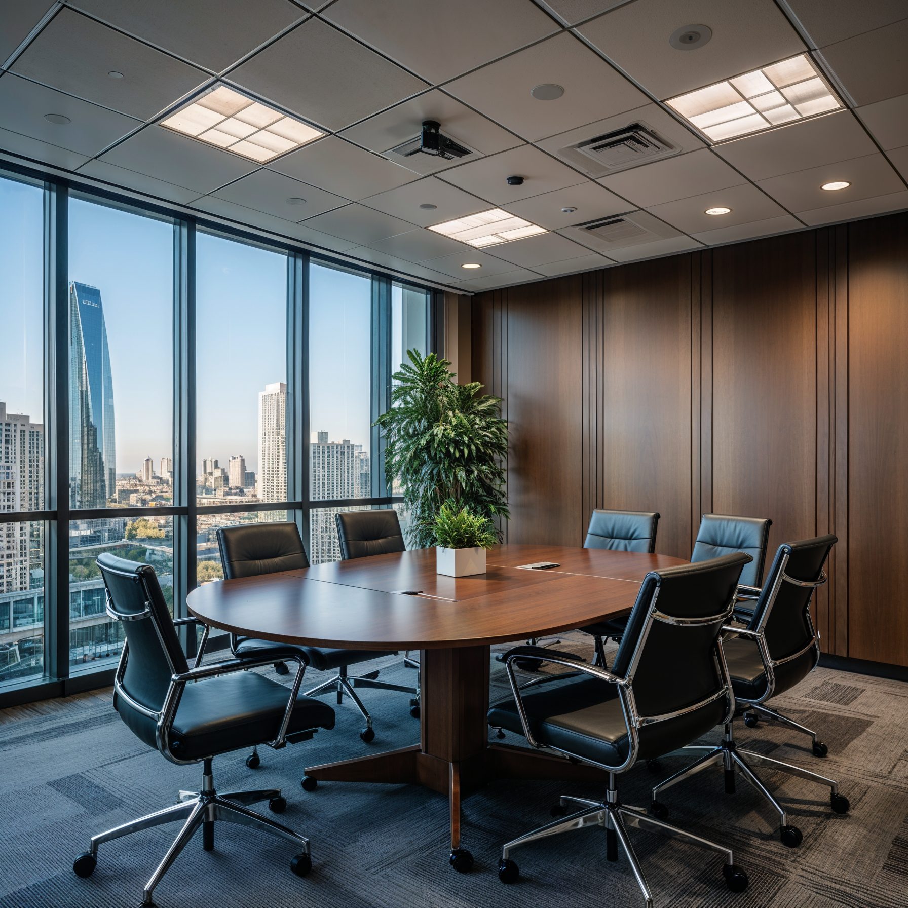 Corporate meeting area after - sophisticated conference setup with professional lighting