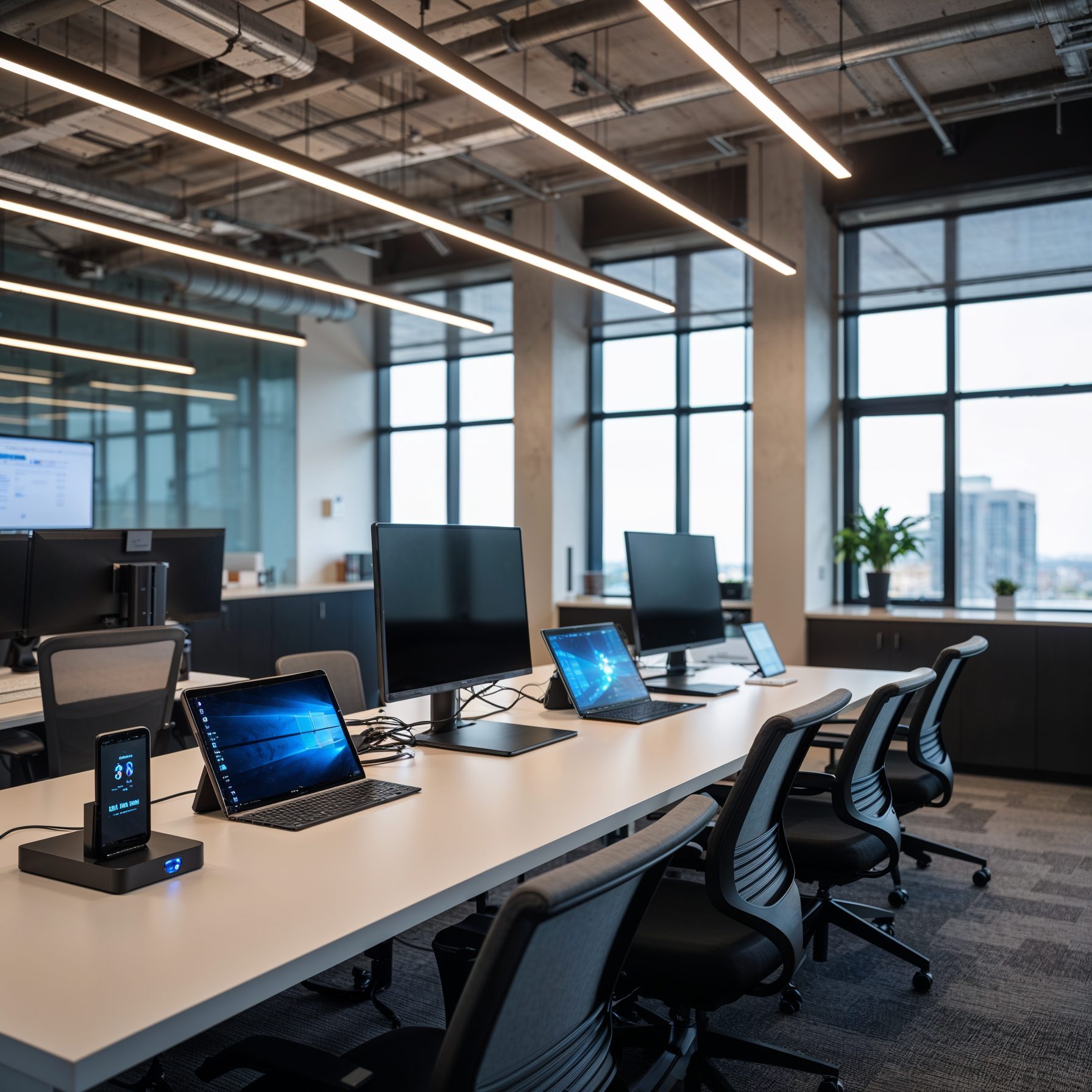 Technology integration showing modern office equipment and smart systems