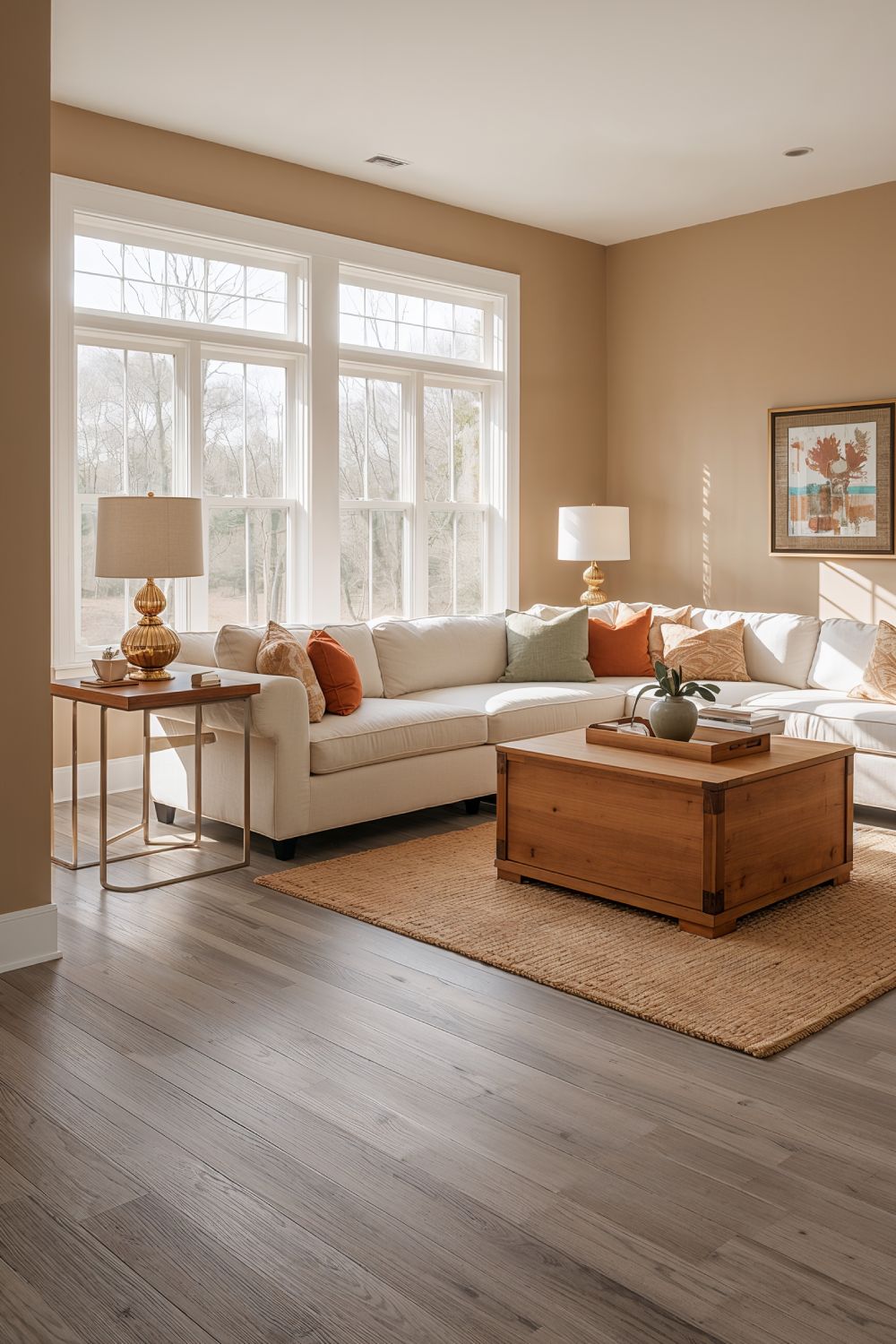 Cozy Beige Paint Colors With Grey Wood Floors Living Room