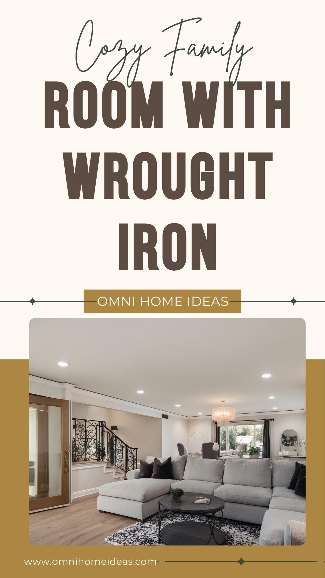 cozy family room with wrought iron staircase