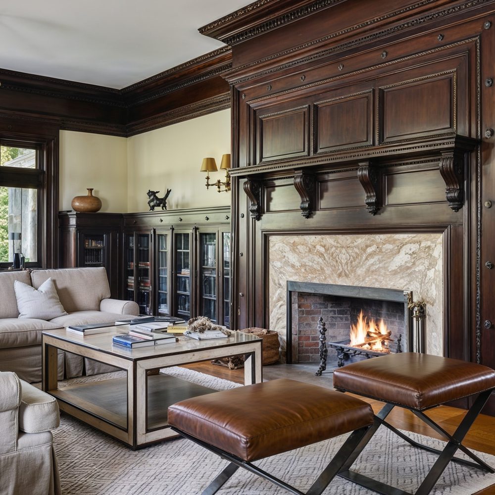 04 cozy library with dark wood paneling and marble fireplace