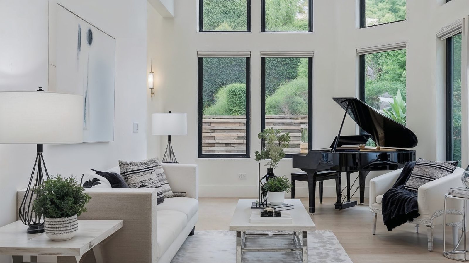cozy living area with grand piano
