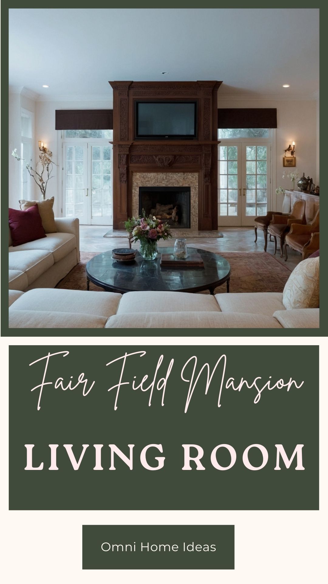 cozy living room with classic fireplace in fair field mansion