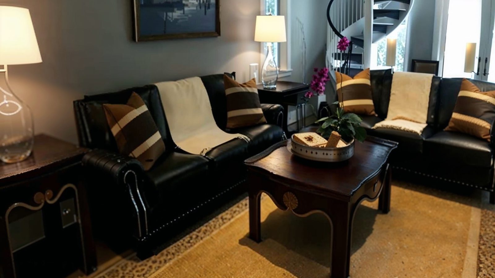 cozy living room with spiral staircase