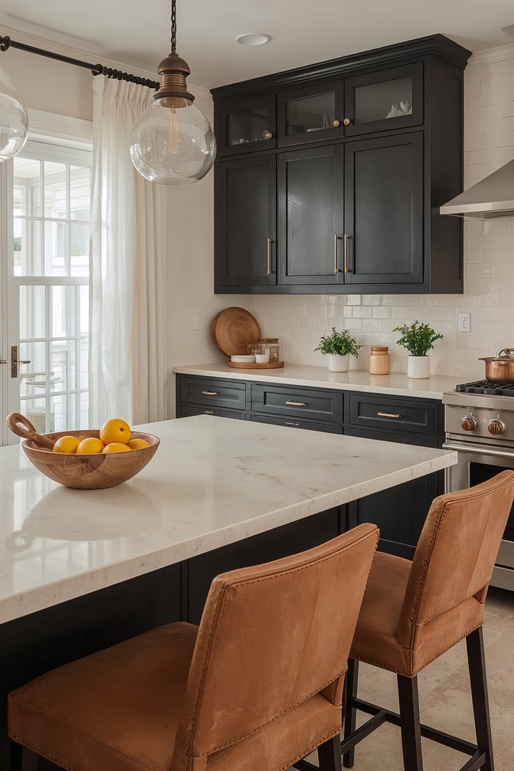 Cream Beige Countertops Black Cabinet Kitchen