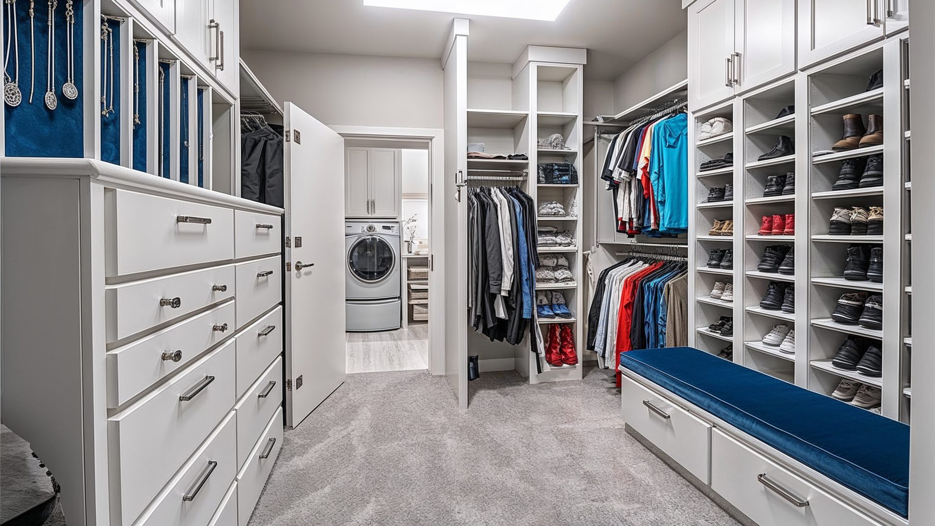 Custom Walk In Closet With Blue Accents