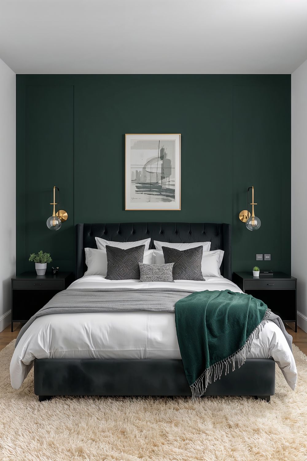 Dark Forest Green Accent Wall Behind Bed With Gold Accents
