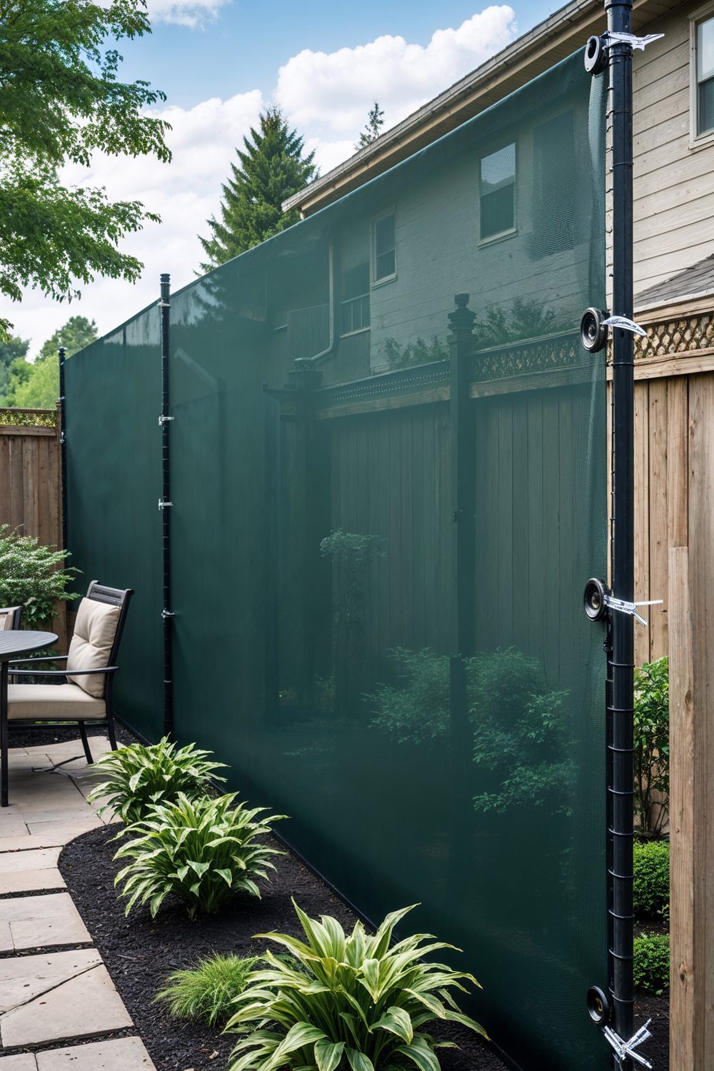 Dark Green Mesh Privacy Screen Installed On Chain Link Fence