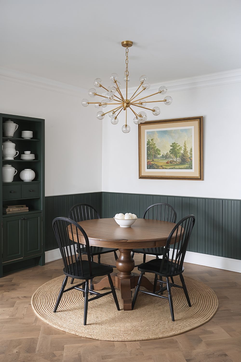 Dark Green Wainscoting Moody Dining Room With White Walls