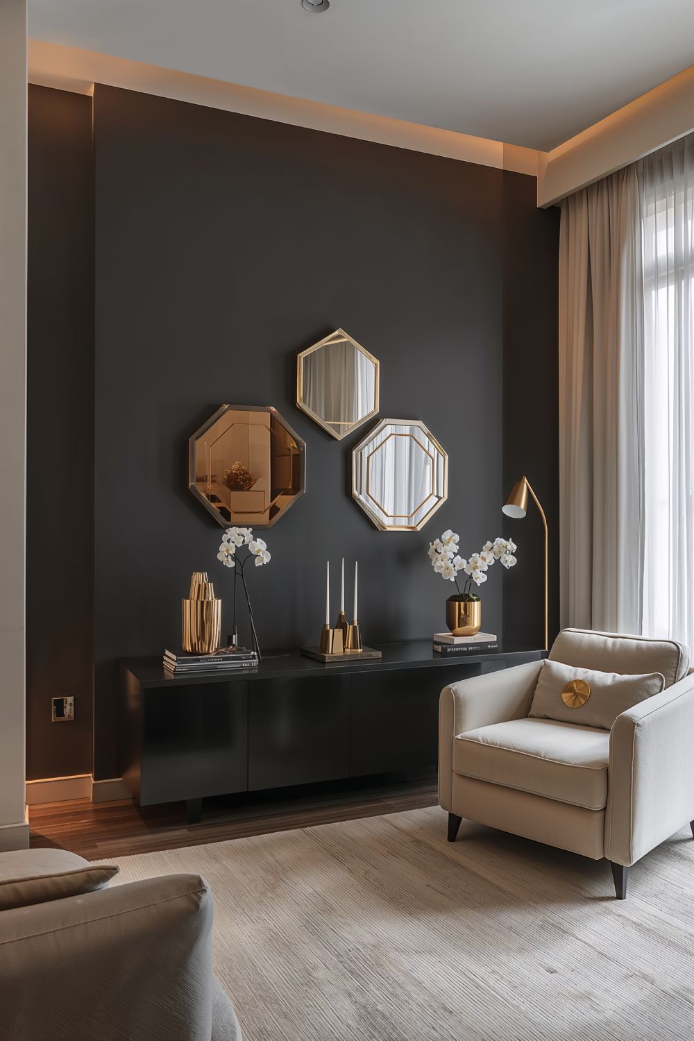 Dark Grey Accent Wall With Gold Metallic Decor Ideas