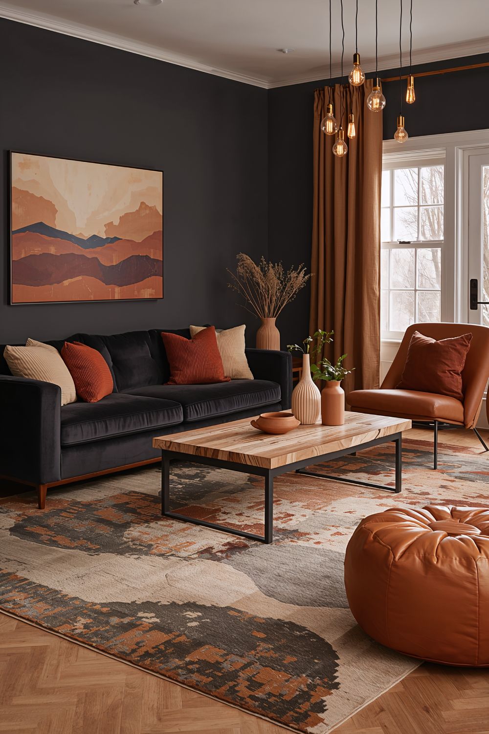 Dark Grey And Earth Tone Living Room Color Scheme