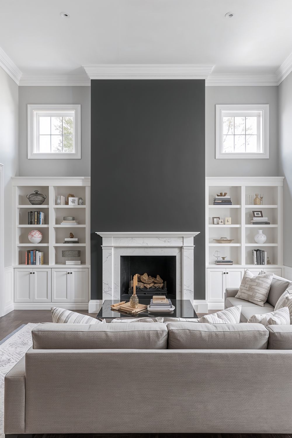 Dark Grey Feature Wall With White Trim Living Room