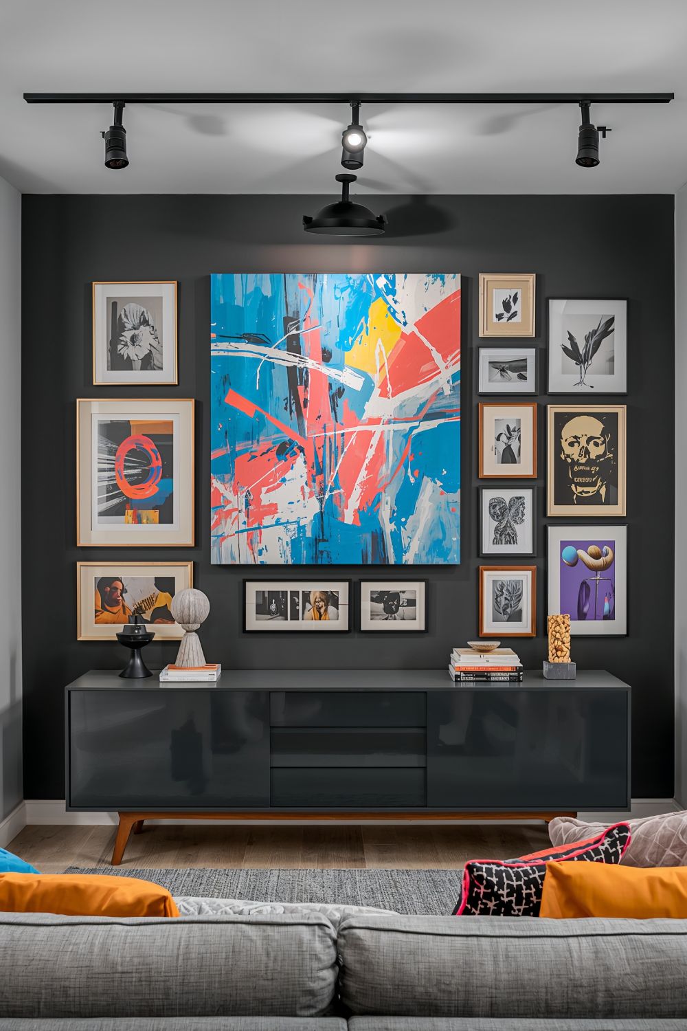 Dark Grey Living Room Gallery Wall With Colorful Art