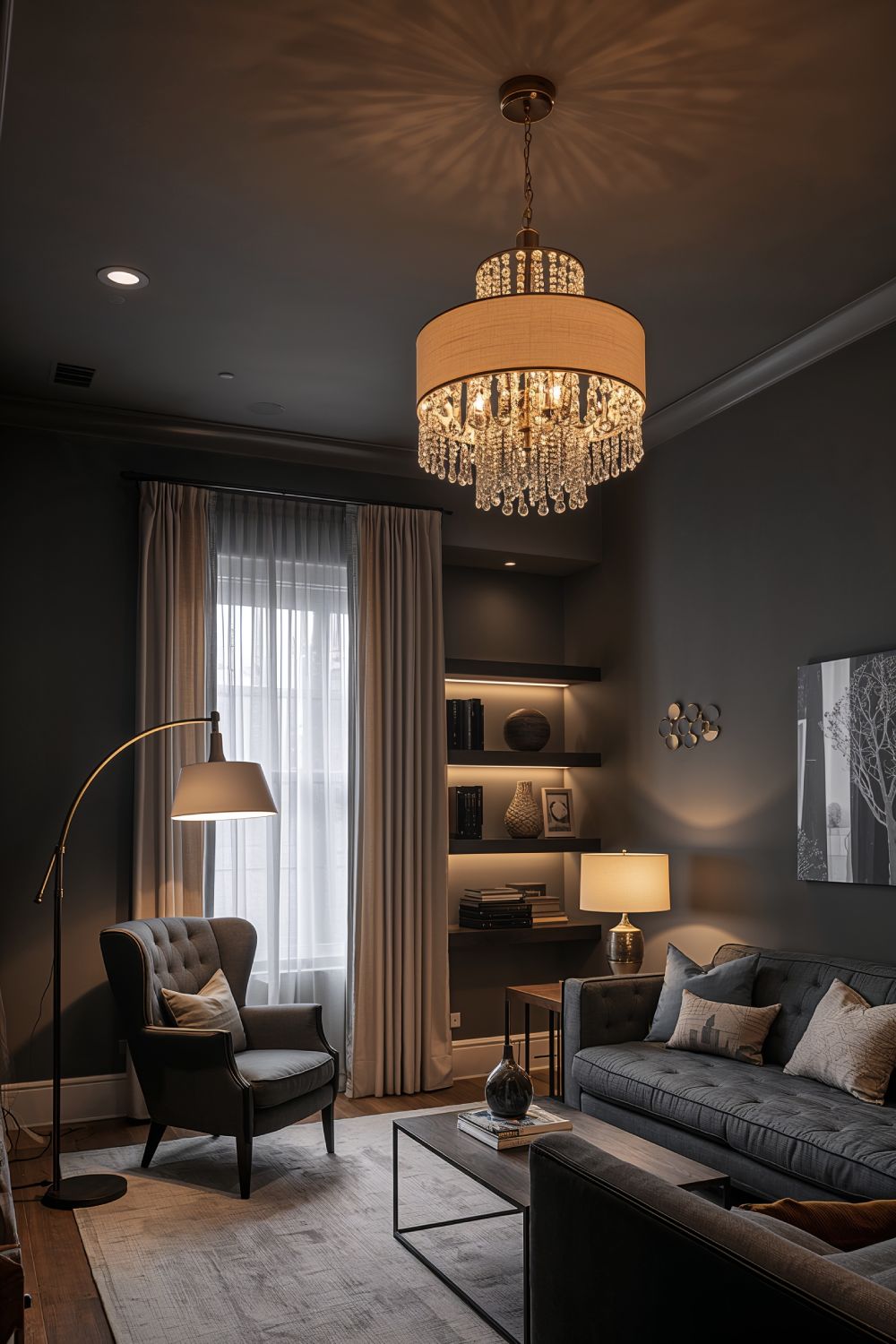 Dark Grey Living Room Layered Lighting Design Ideas