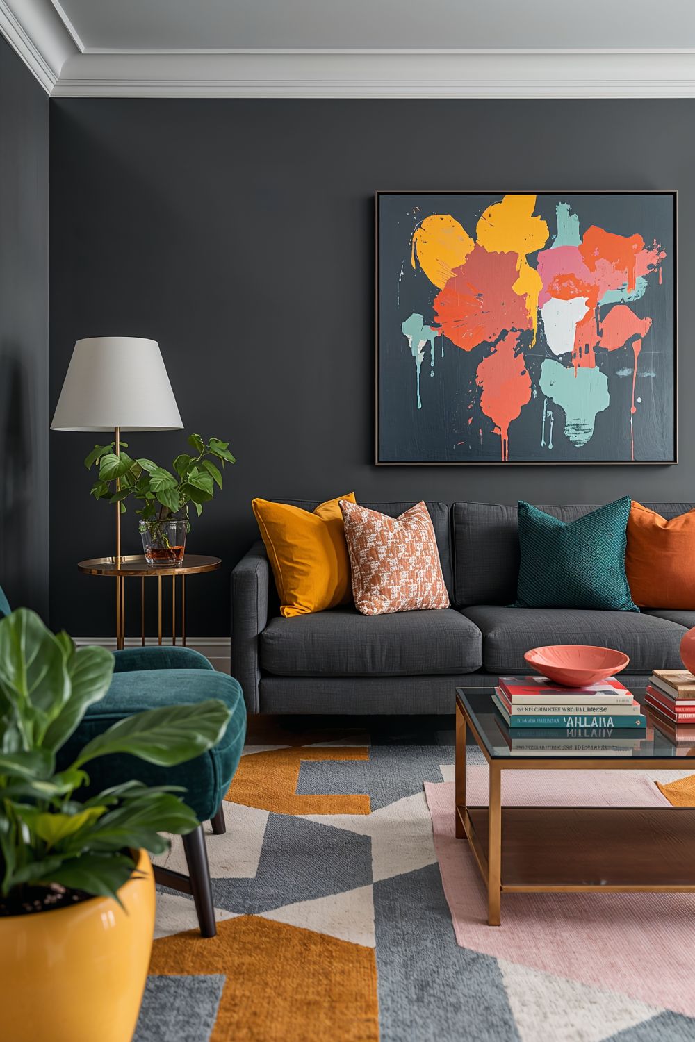 Dark Grey Living Room With Mustard Yellow Accent Pillows