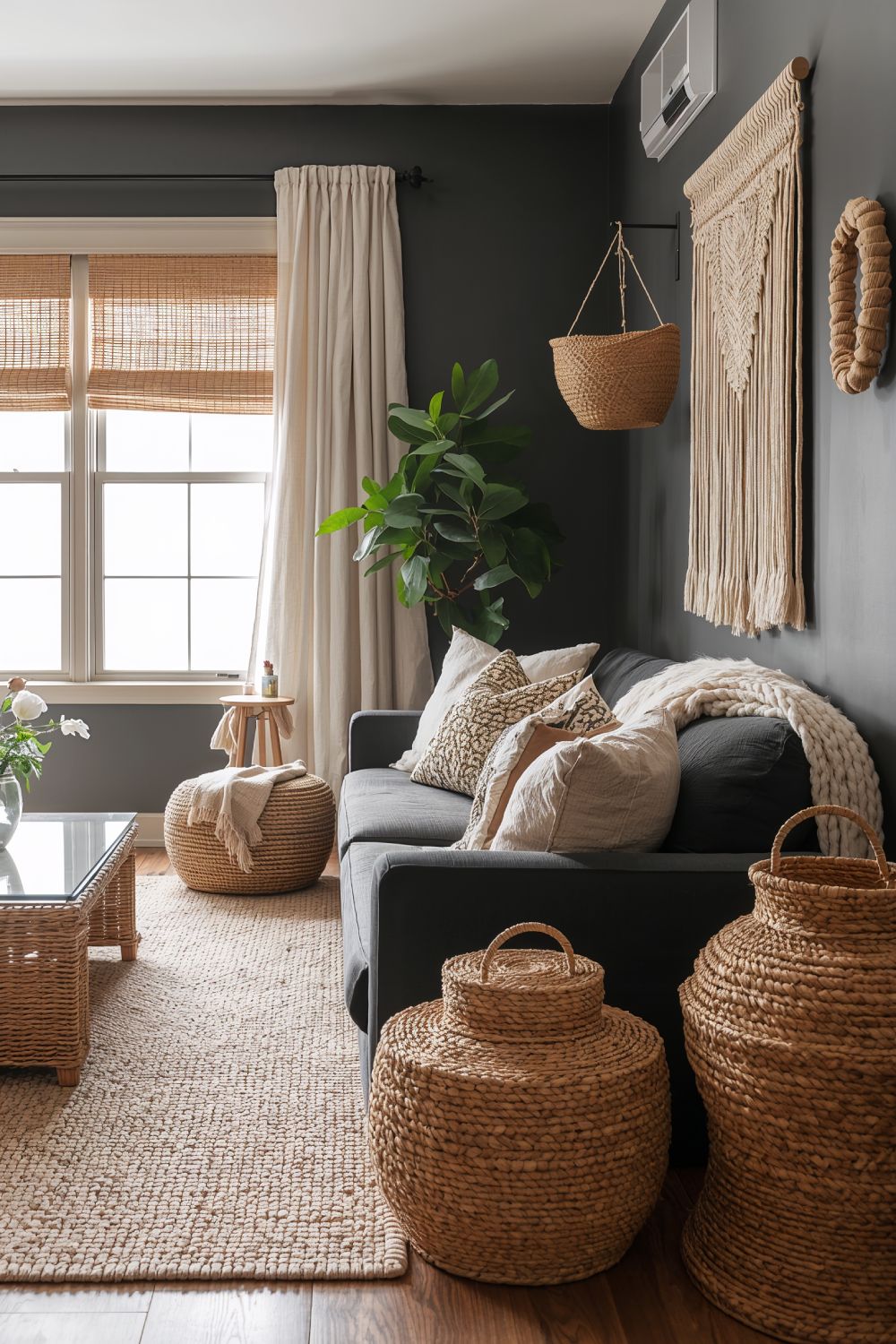 Dark Grey Living Room With Natural Textures And Materials
