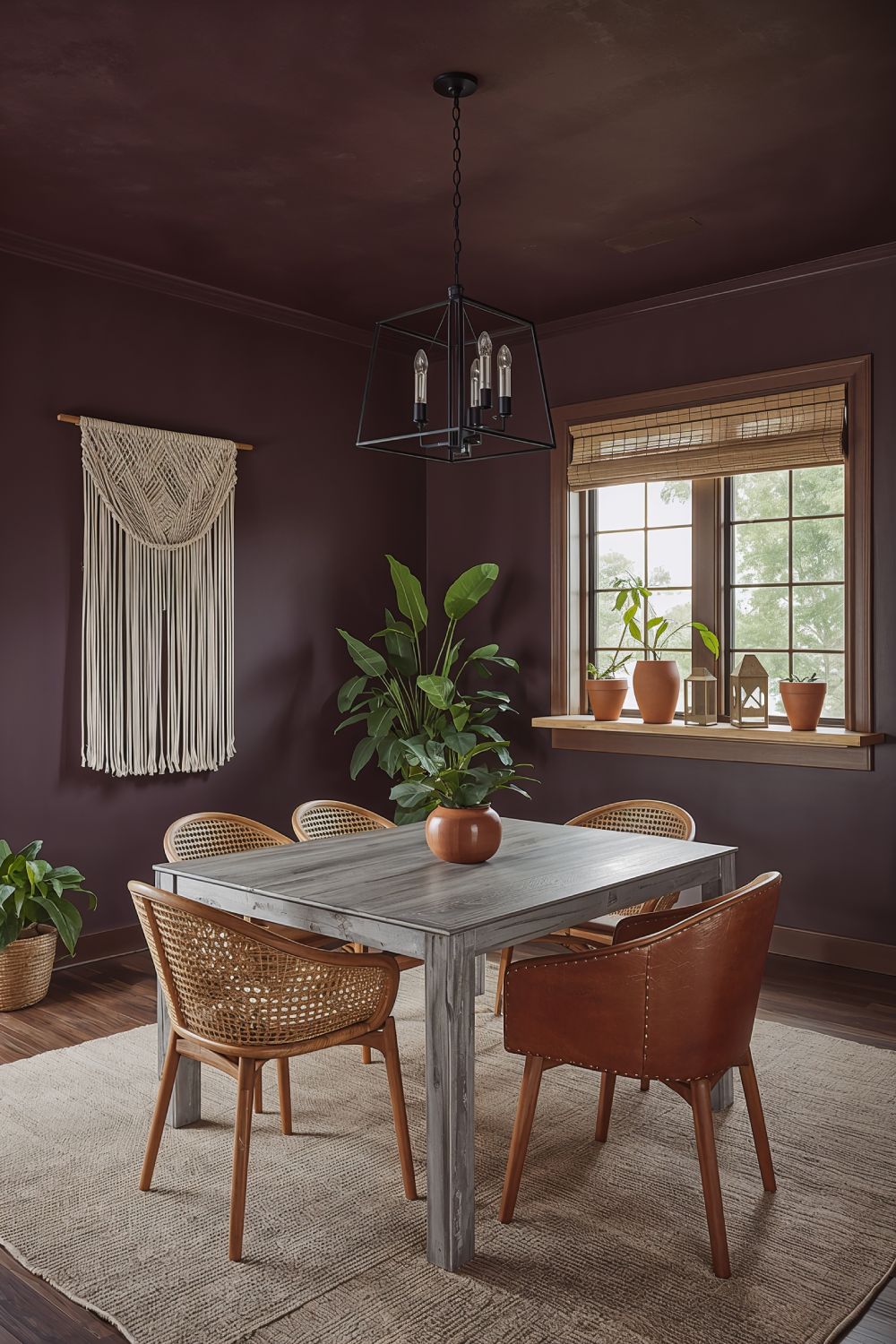 Deep Plum Moody Dining Room With Rattan Chairs Leather Accents