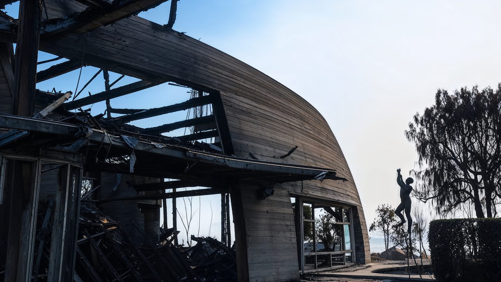 04 destroyed mansion with standing sculpture in pacific palisade