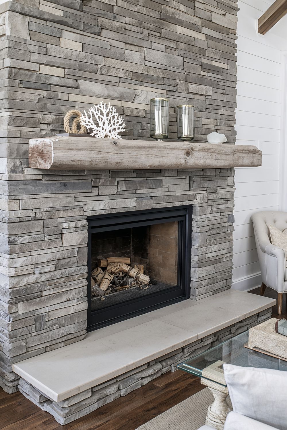Driftwood Mantel Stone Fireplace Beach House Style
