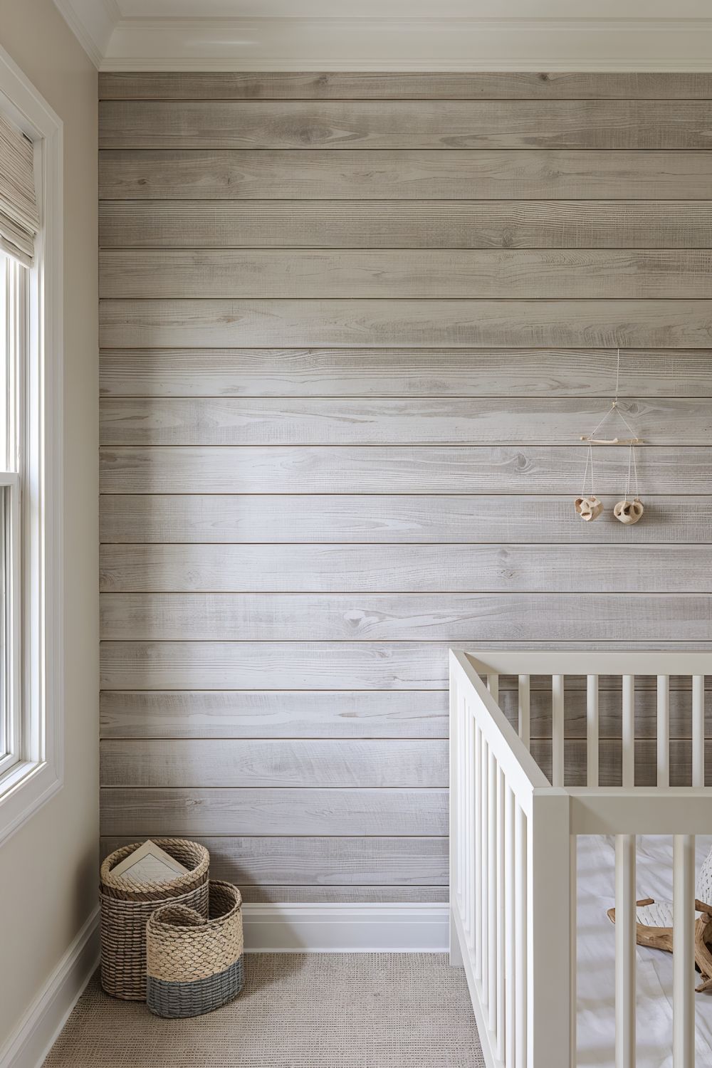 Driftwood Shiplap Accent Wall In Coastal Nursery Design