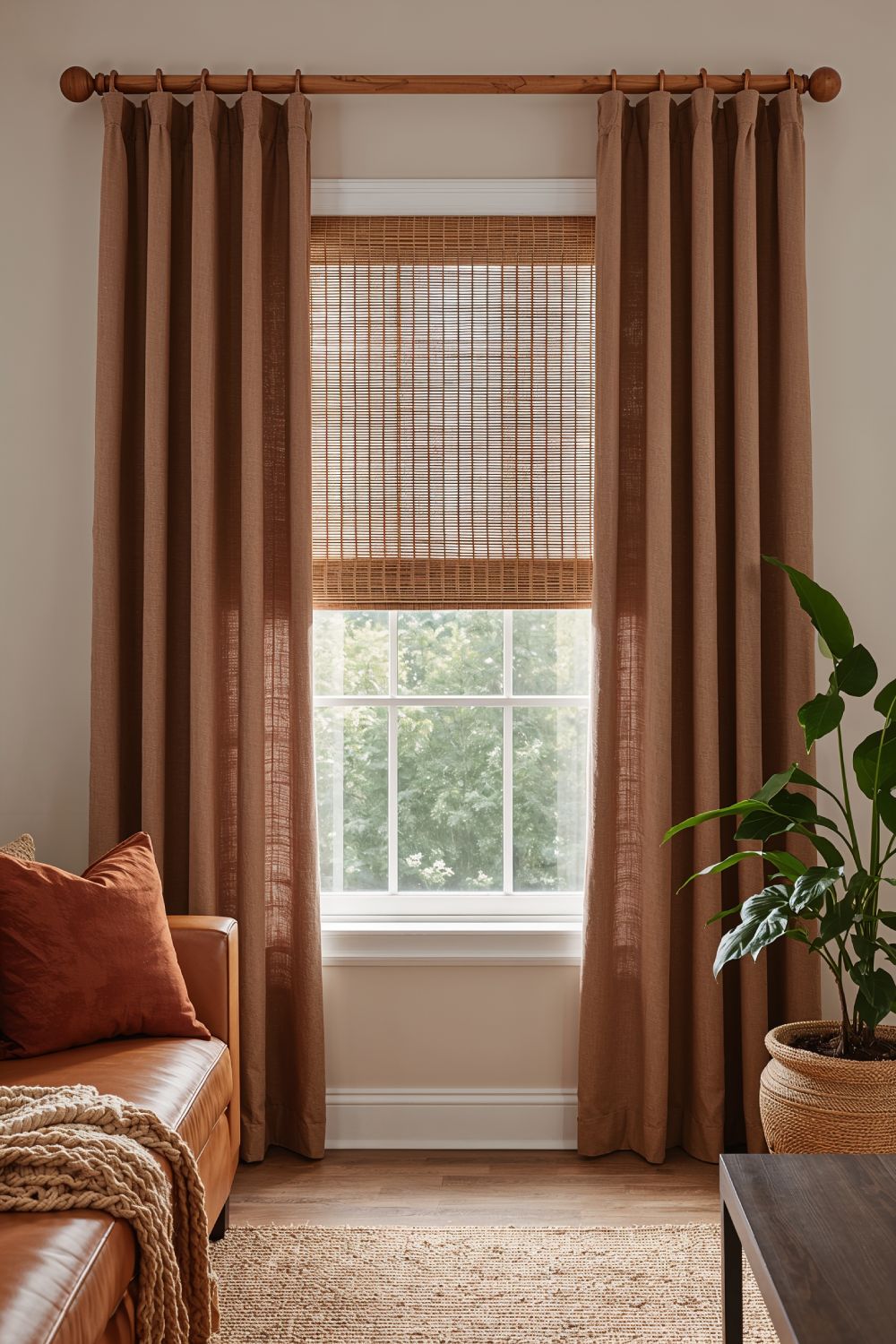 Earth Tone Woven Wood Shades With Linen Curtains
