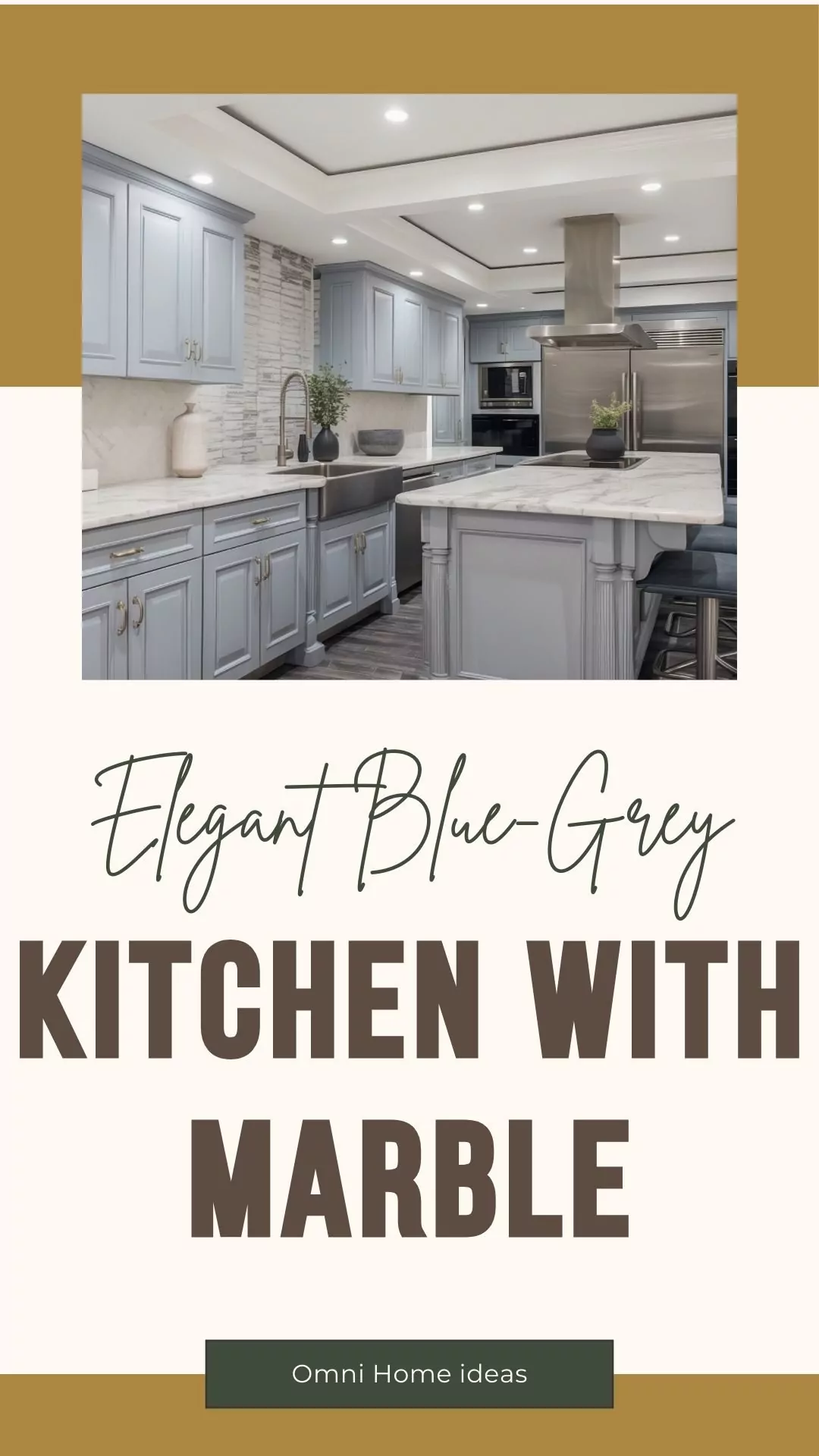 elegant blue grey kitchen with marble countertops