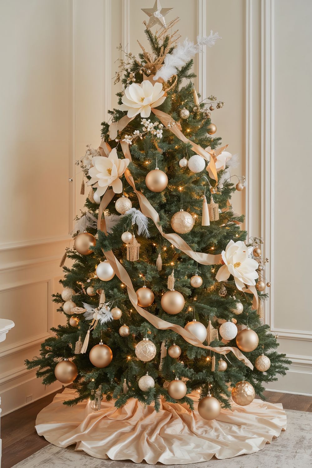 Elegant Christmas Tree In Champagne And Ivory Color Scheme With Gold Ornaments And Cream Decorations