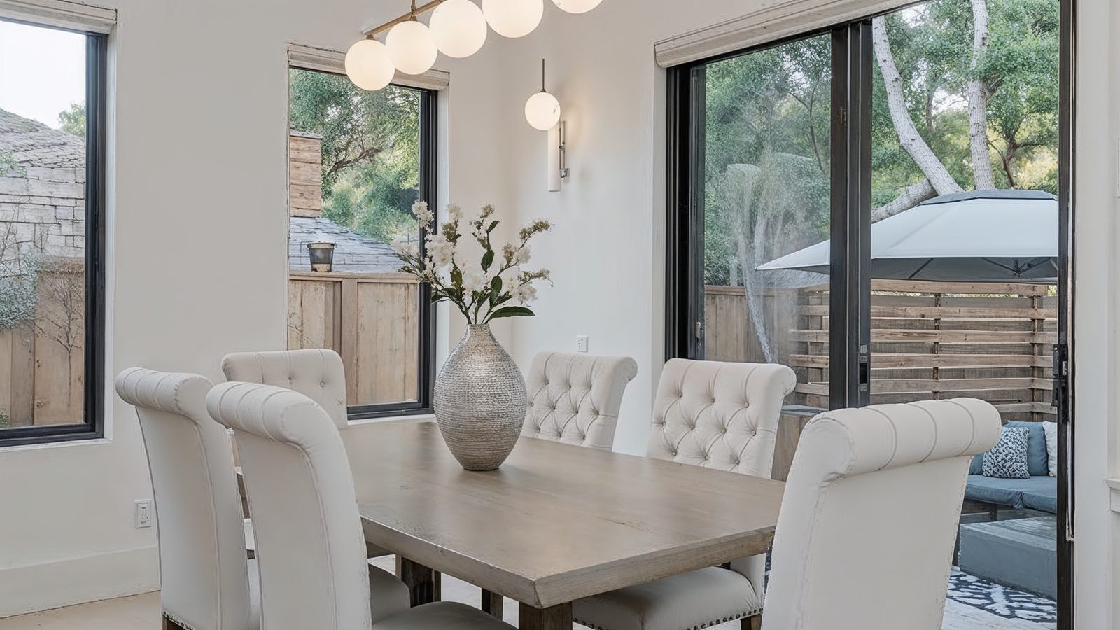 elegant dining room with garden views