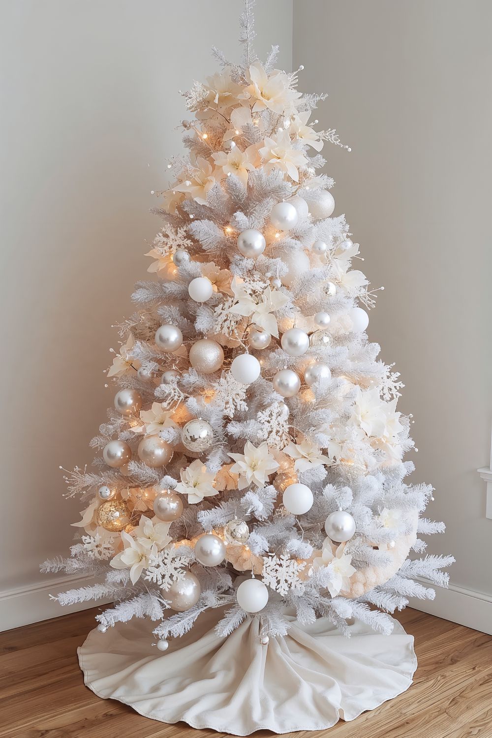 Elegant Flocked Christmas Tree With White Decorations And Snow Dusted Branches
