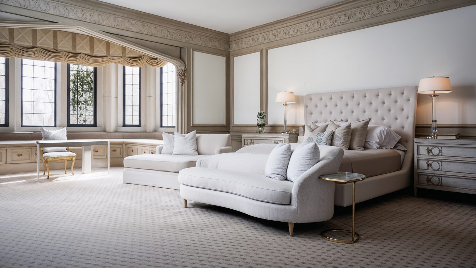 elegant master bedroom with soft cream and gold tones