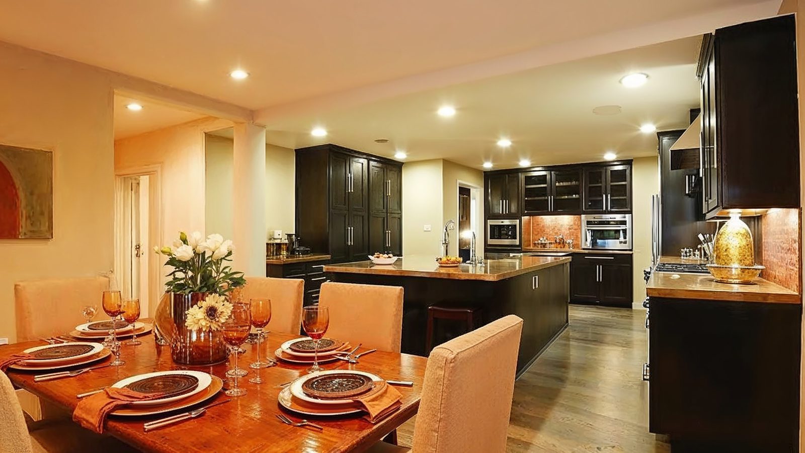 elegant open concept kitchen and dining area in pamela bach%e2%8