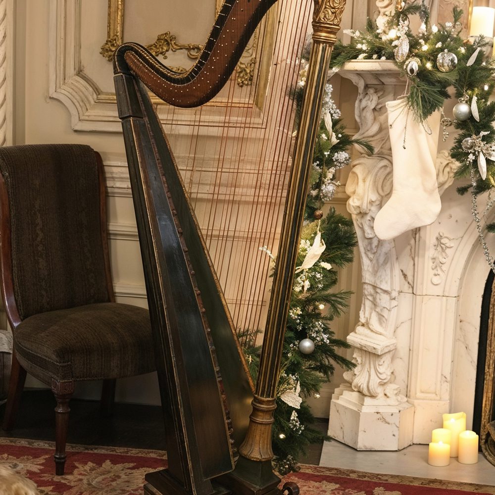 04 elegant parlor with harp and christmas decor