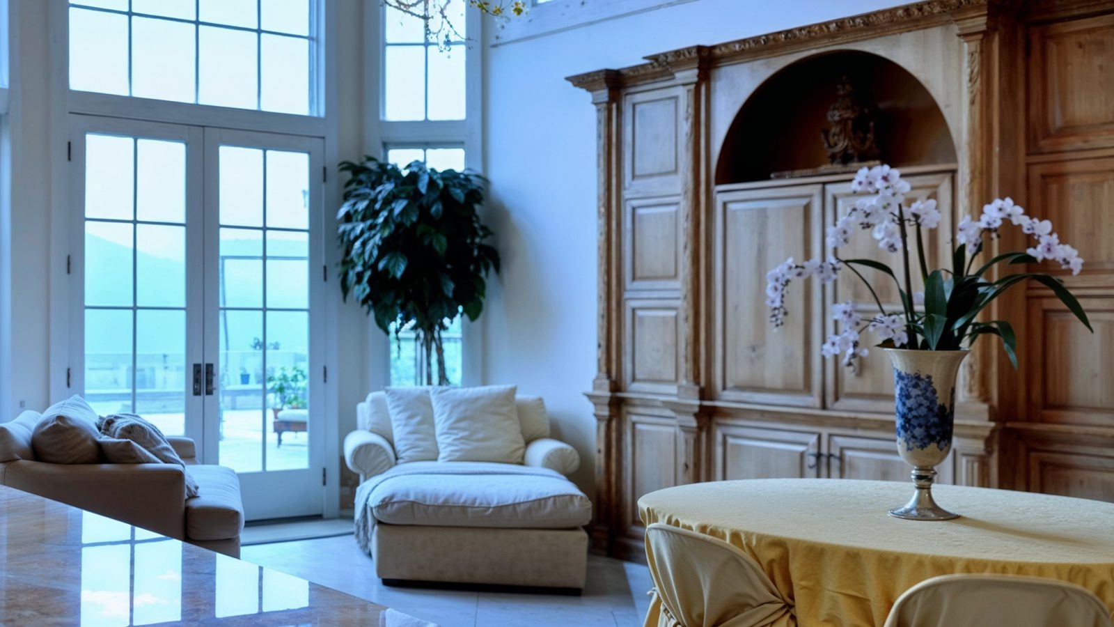 Elegant Sitting Area With Vaulted Ceiling And Outdoor Views