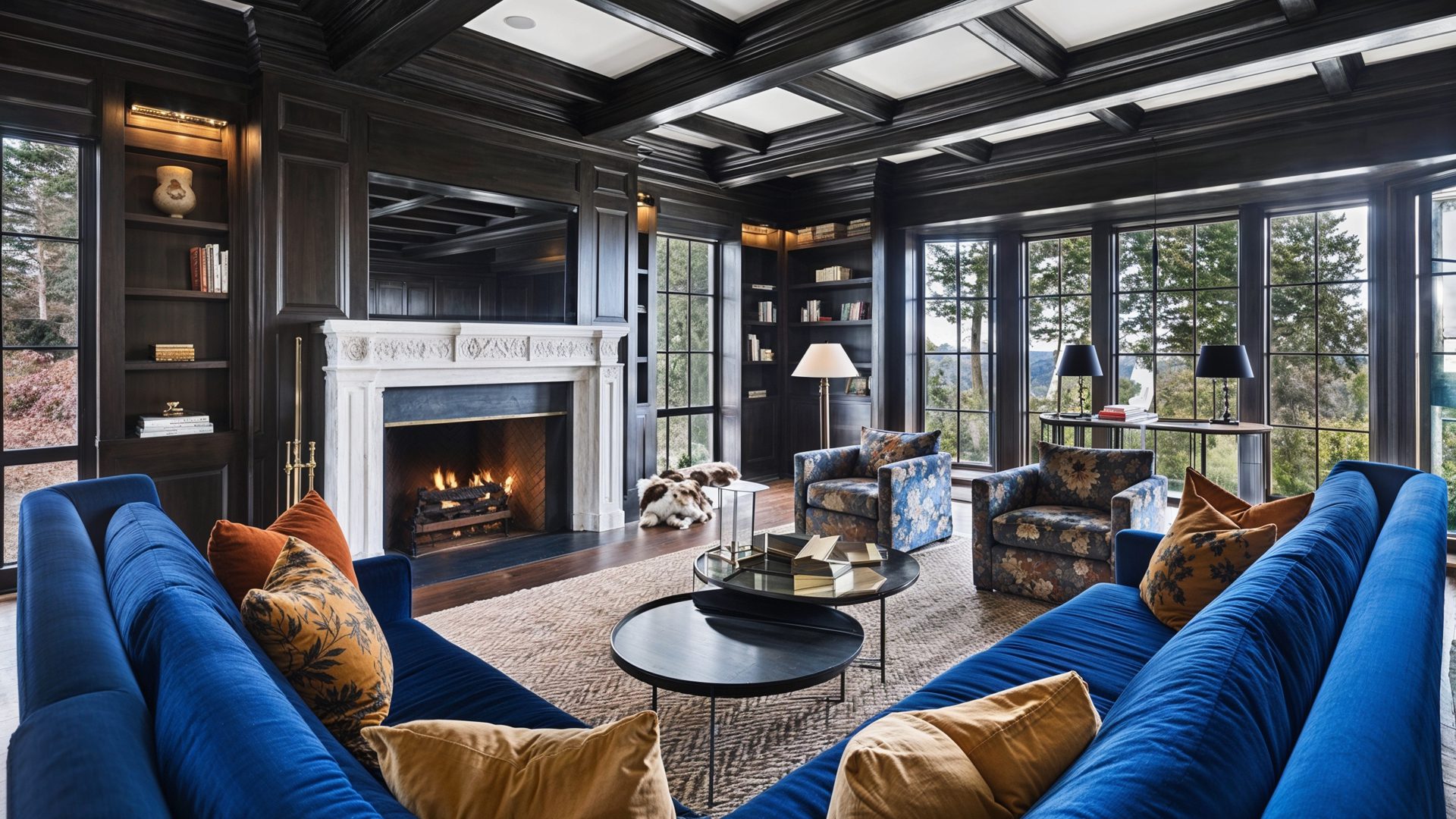 Elegant Wood Paneled Library With Velvet Sofas