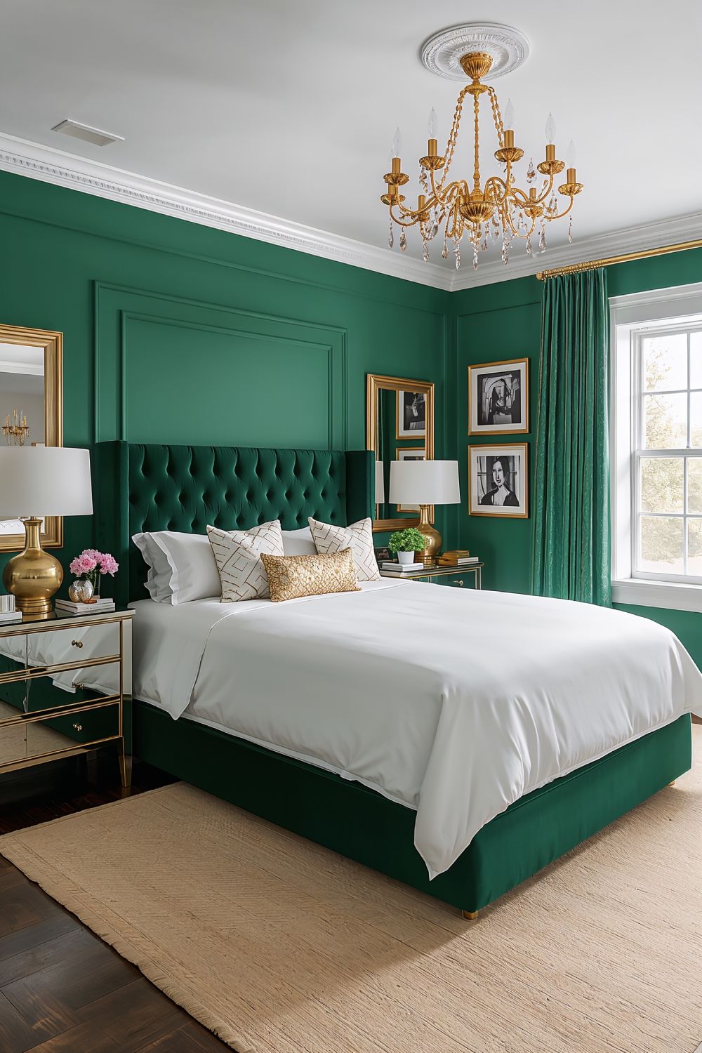 Emerald Green And Gold Bedroom With Velvet And Metallic Accents