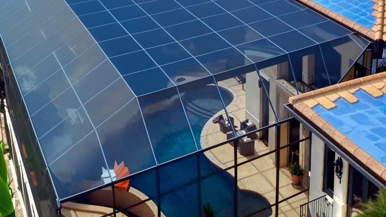 enclosed outdoor pool with glass roof