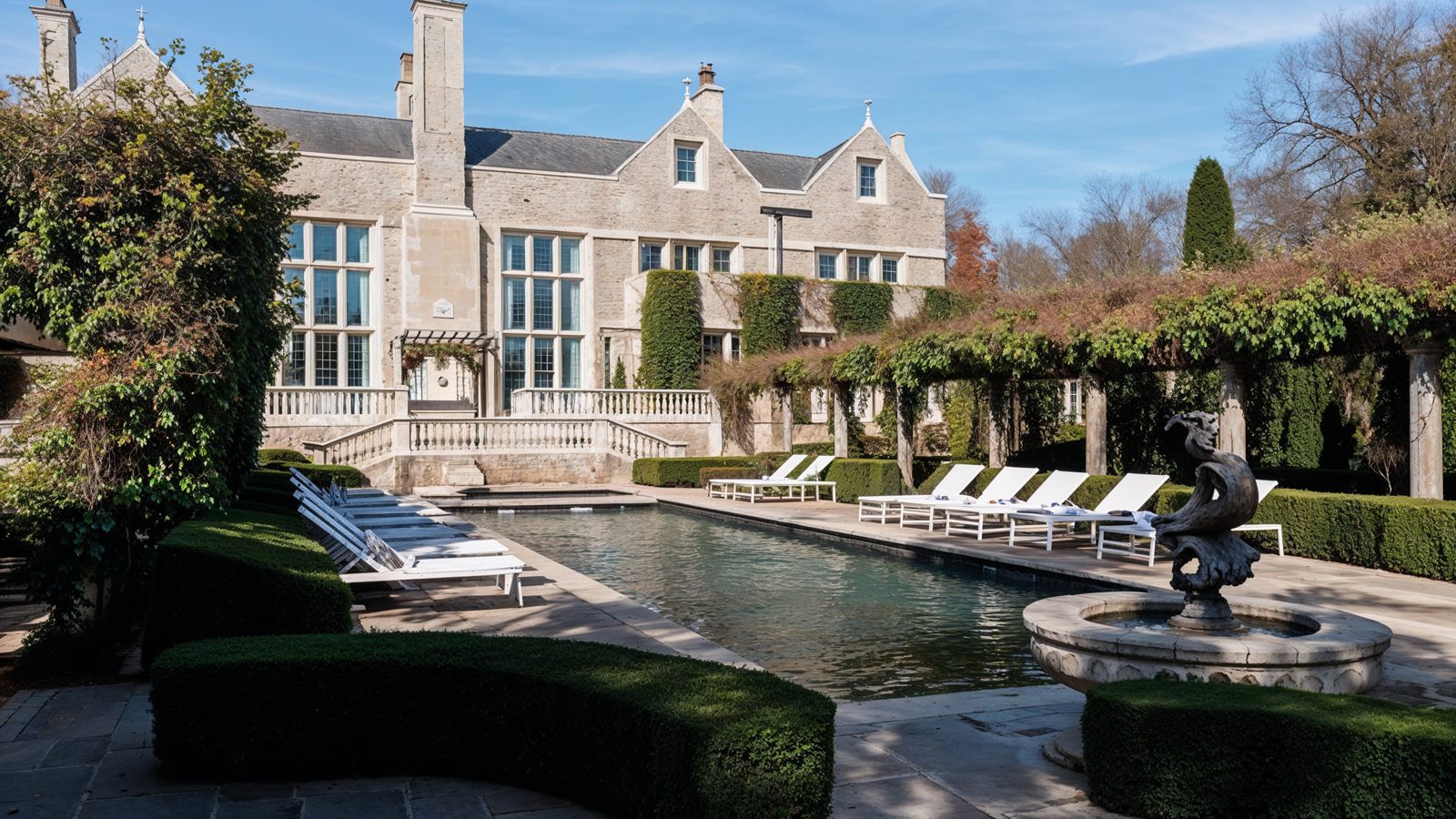 european style pool courtyard with sculpted gardens