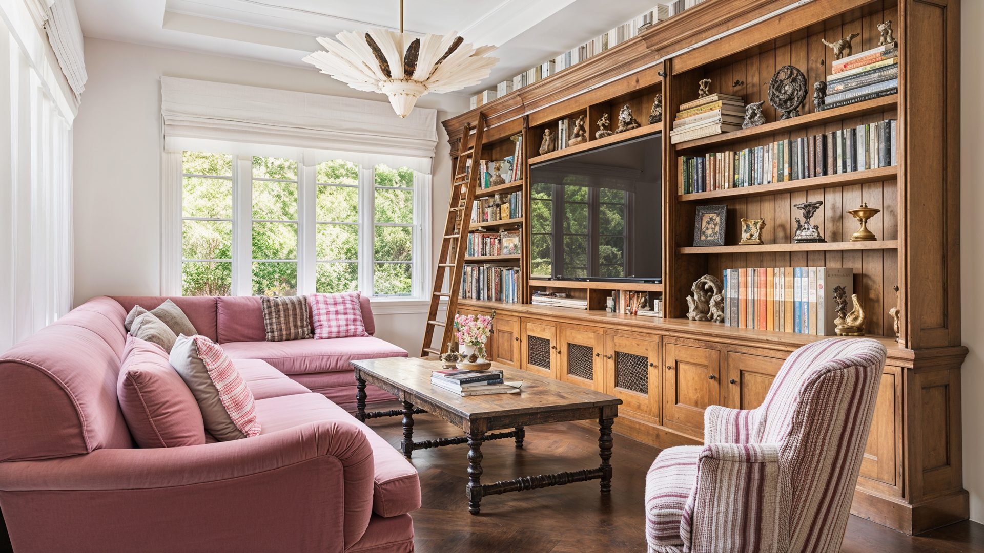 Family Library Pink Velvet Sectional Built In Shelves