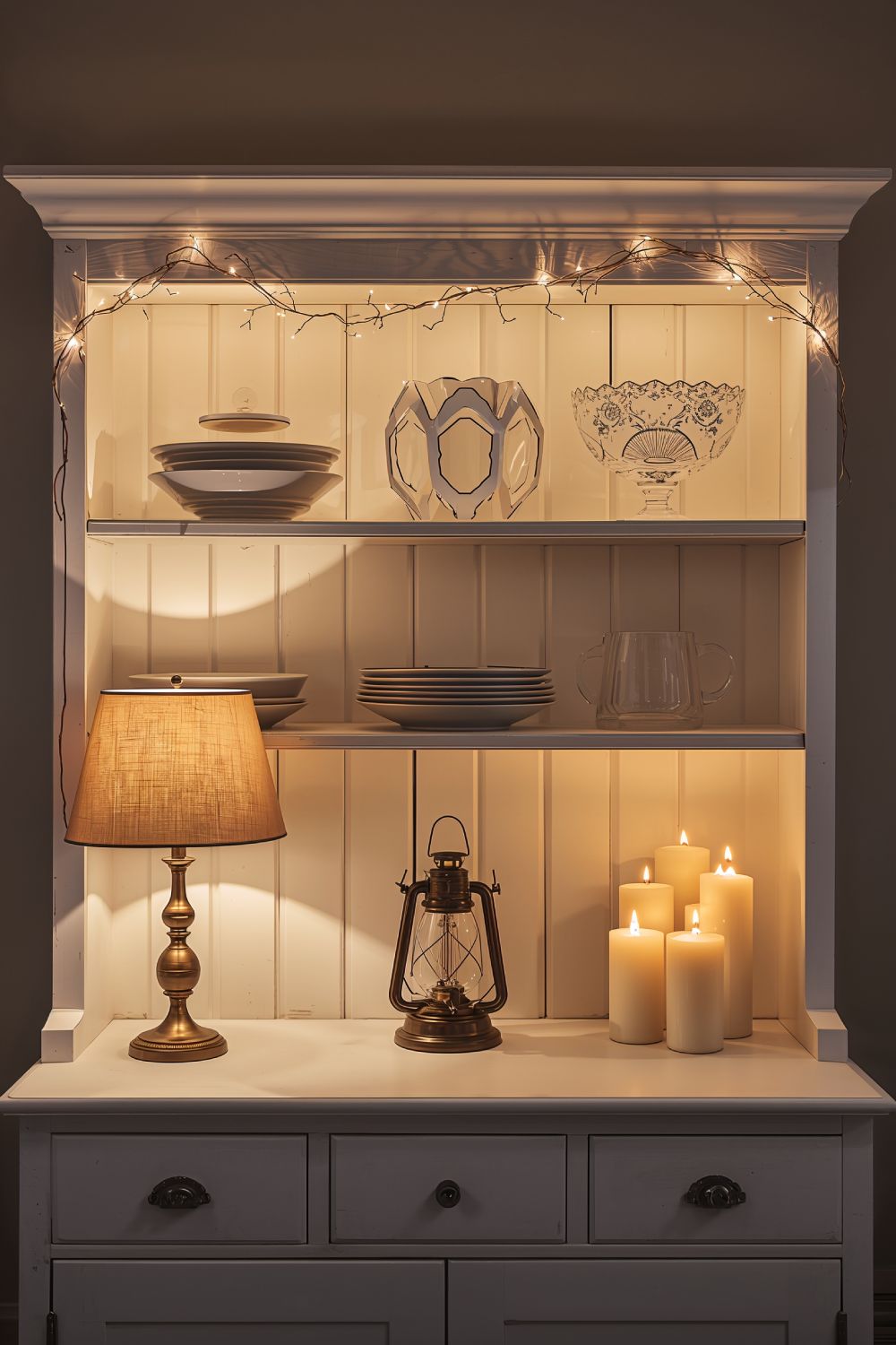Farmhouse Hutch Lighting Ideas For Cozy Display