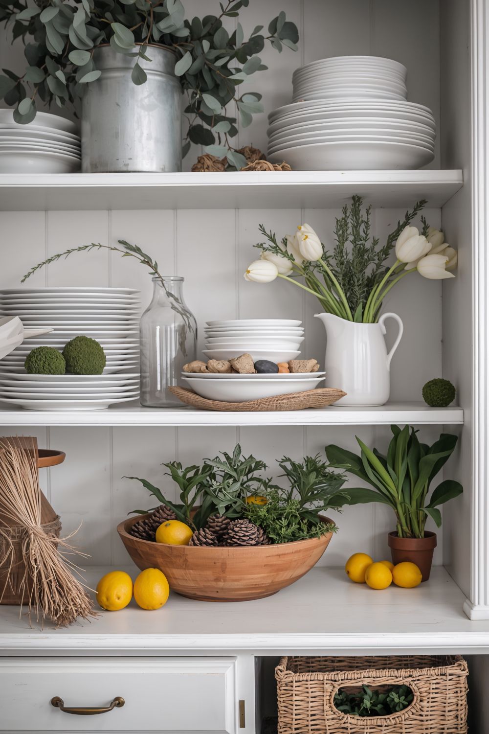 Farmhouse Hutch With Greenery And Natural Decor