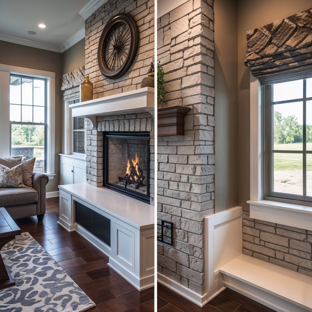 Custom fireplace design details showing mantel and built-ins