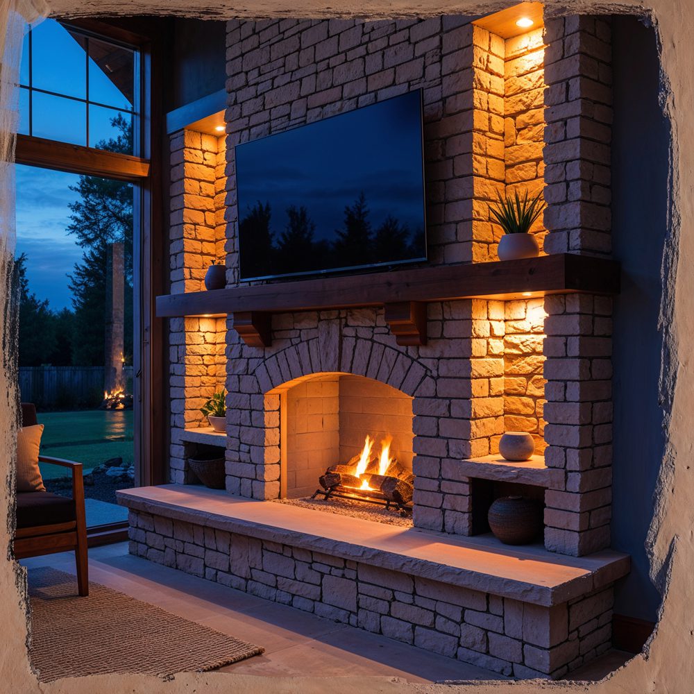 Completed fireplace at evening showing LED accent lighting
